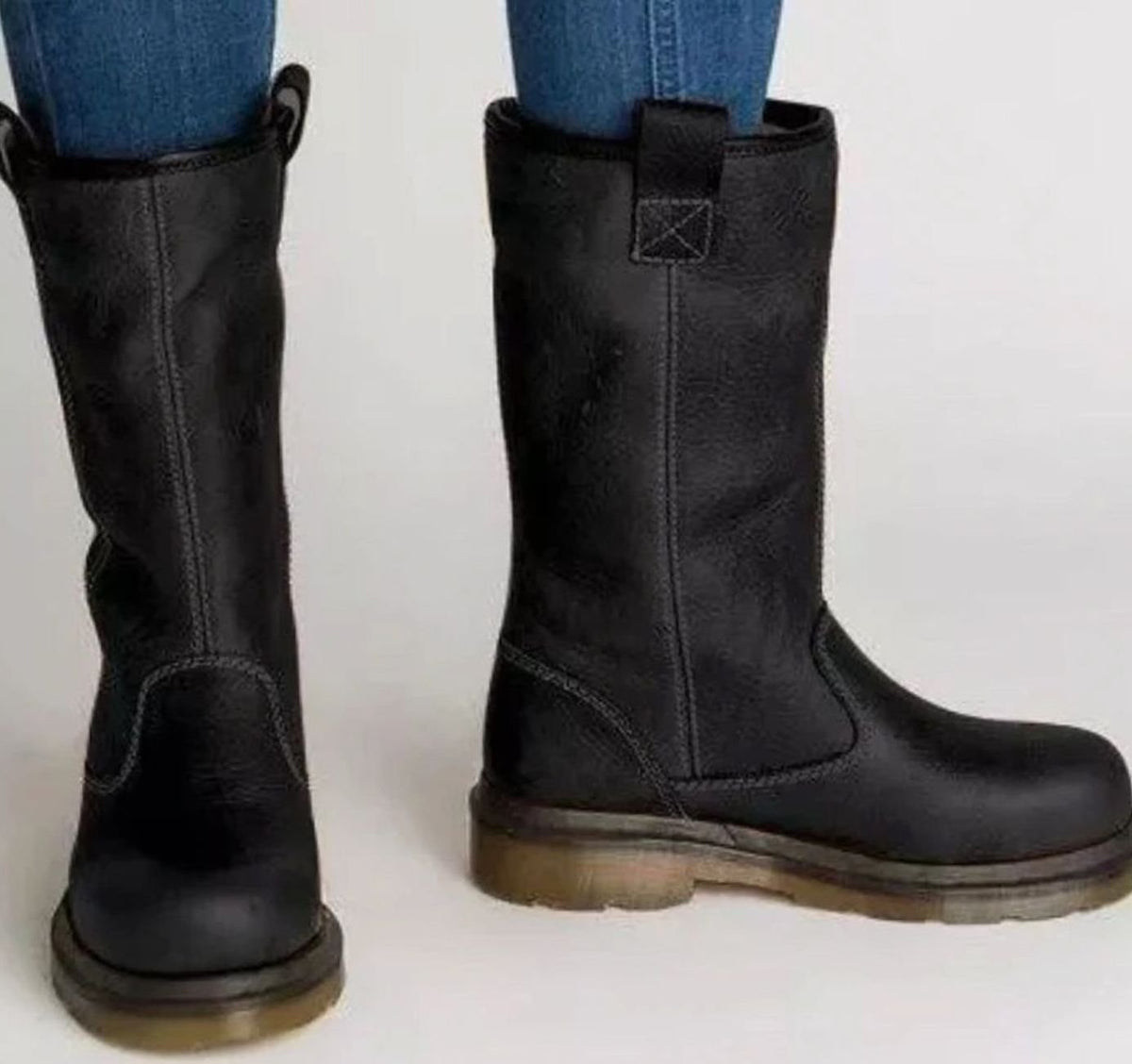 Women's Mid-Calf Pull-On Lined Leather Boots Round Toe - Black