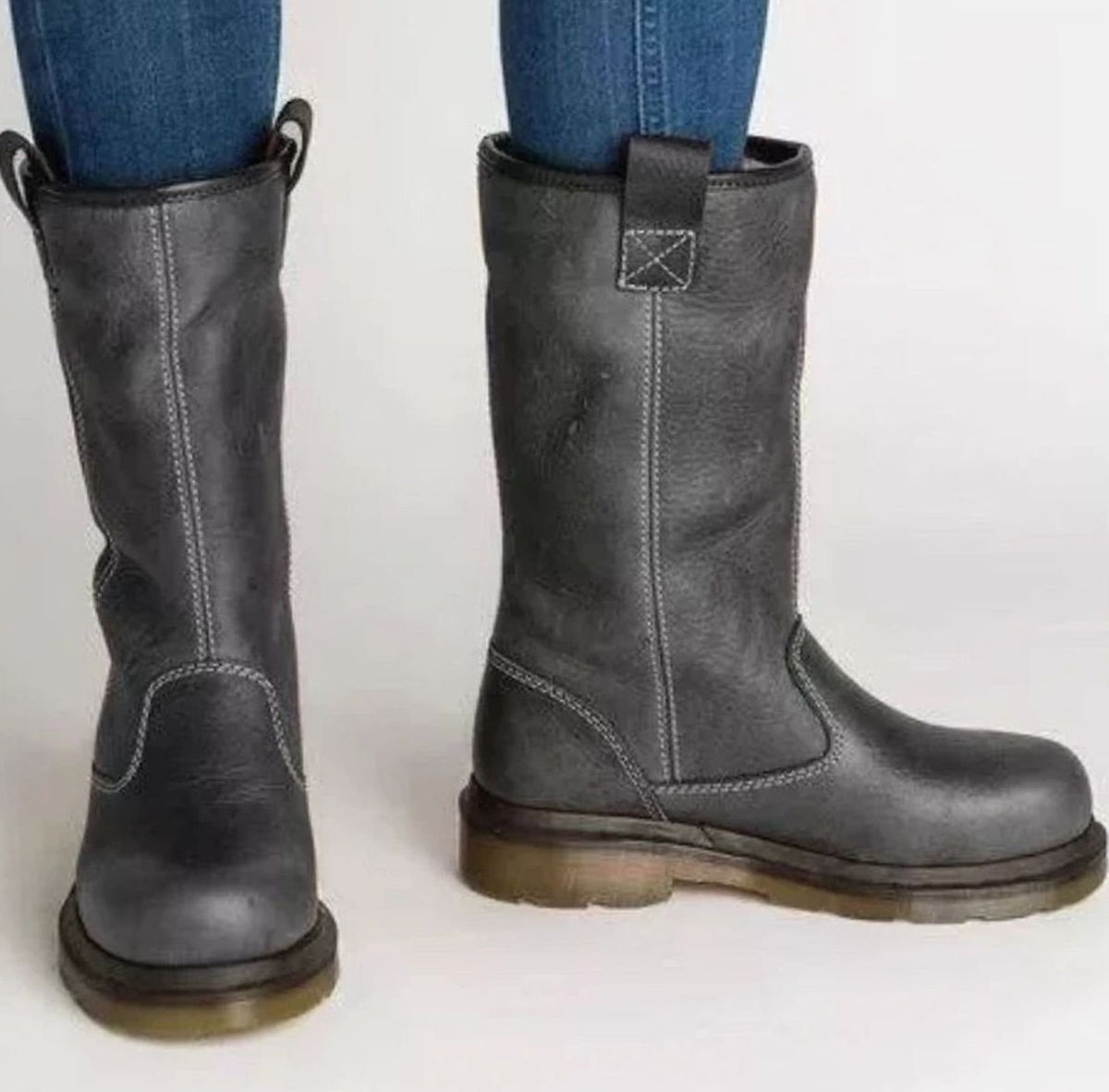 Women's Mid-Calf Pull-On Lined Leather Boots Round Toe - Gray