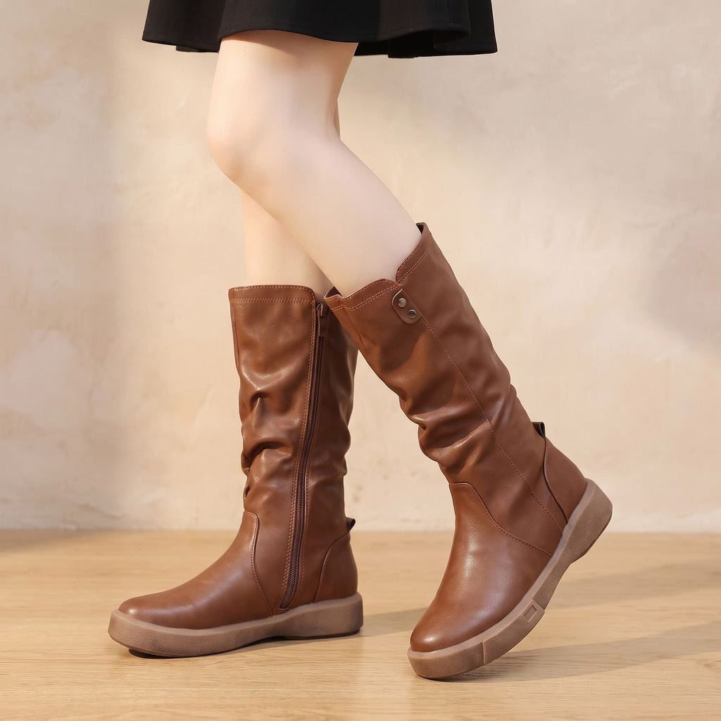 Women's Mid-Calf Slouch Faux Leather Side-Zip Boots