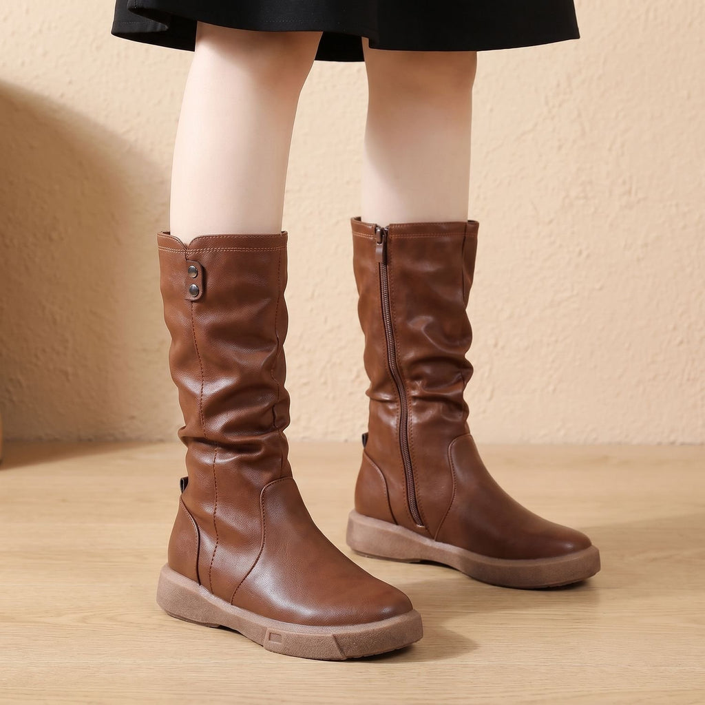 Women's Mid-Calf Slouch Faux Leather Side-Zip Boots