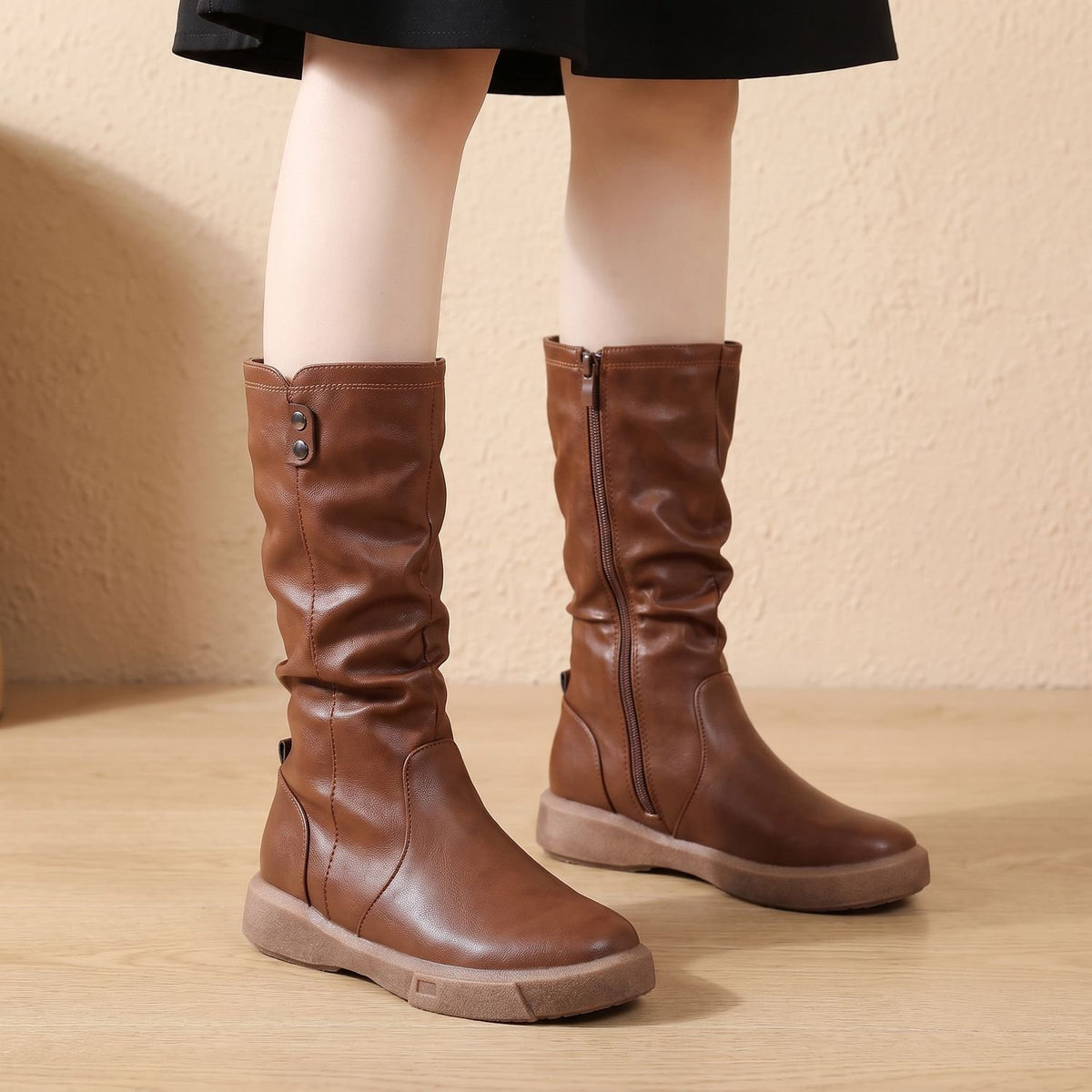 Women's Mid-Calf Slouch Faux Leather Side-Zip Boots