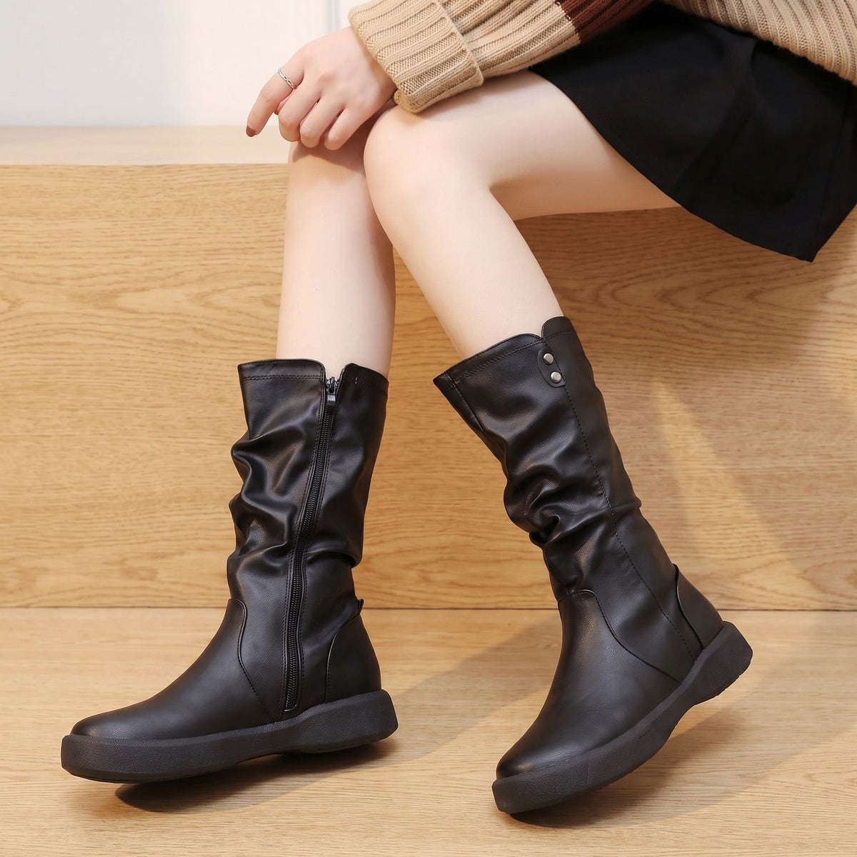 Women's Mid-Calf Slouch Faux Leather Side-Zip Boots