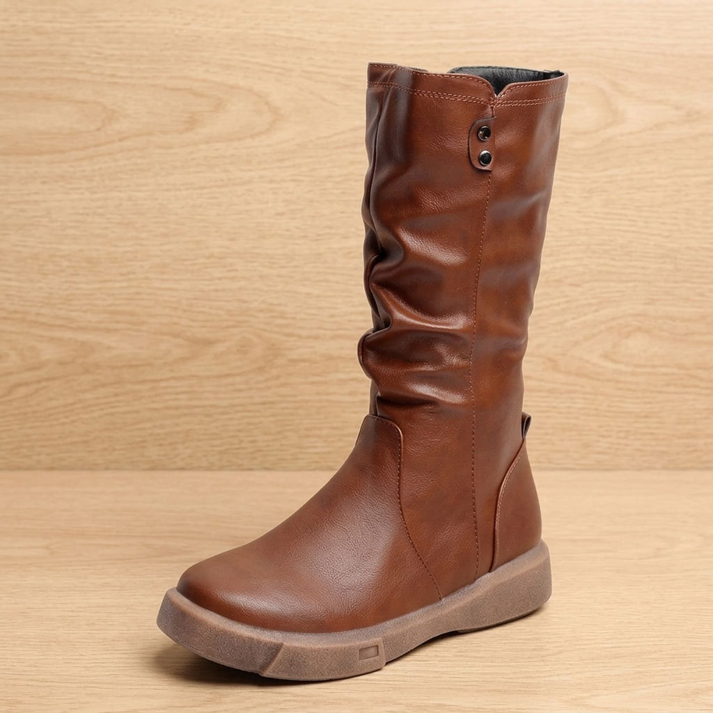Women's Mid-Calf Slouch Faux Leather Side-Zip Boots - Dark Brown