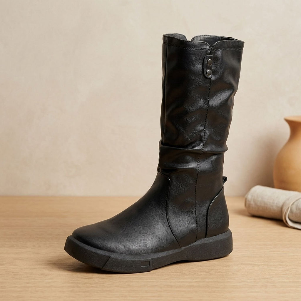 Women's Mid-Calf Slouch Faux Leather Side-Zip Boots - Black