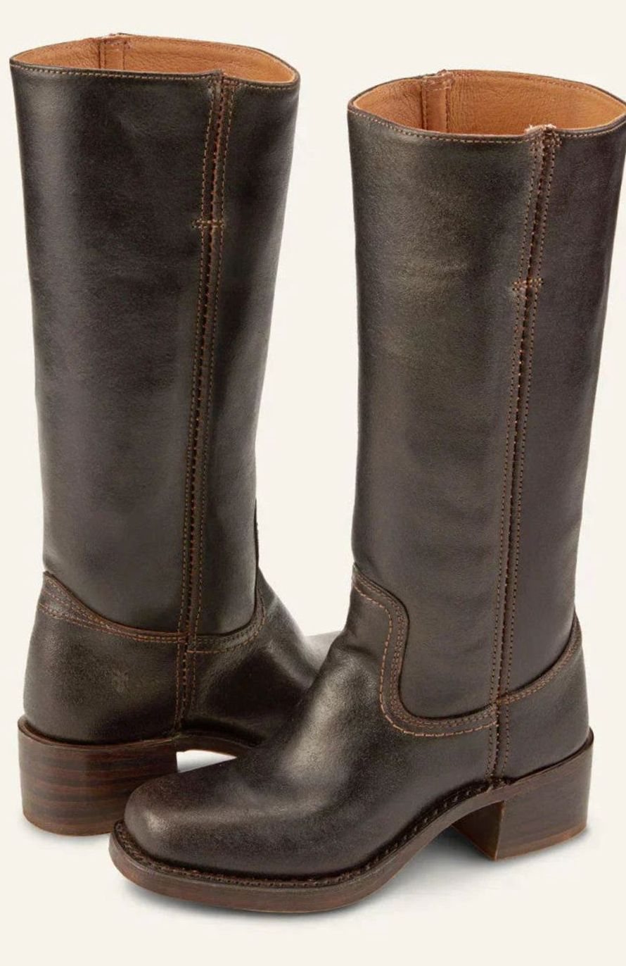 Women's Mid-Calf Stacked-Heel Slip-On Western Boots - Dark Brown