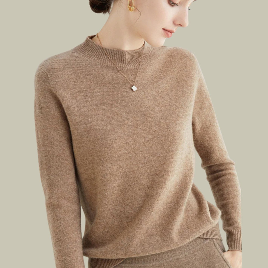 Women's Mock Neck Merino Wool Sweaters Soft Knit Pullover - Light Tan