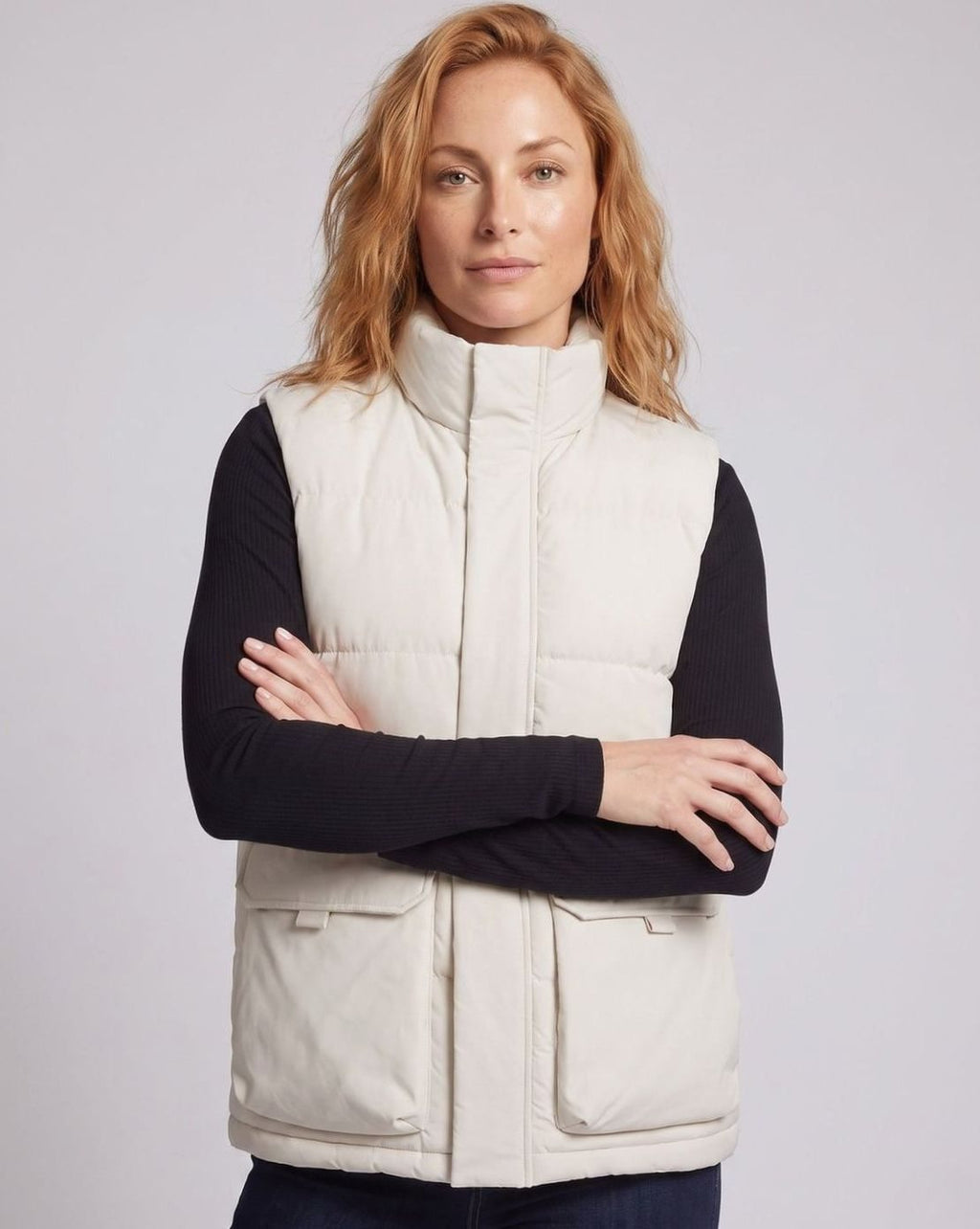Women's Mock-Neck Quilted Puffer Vest Flap Pockets