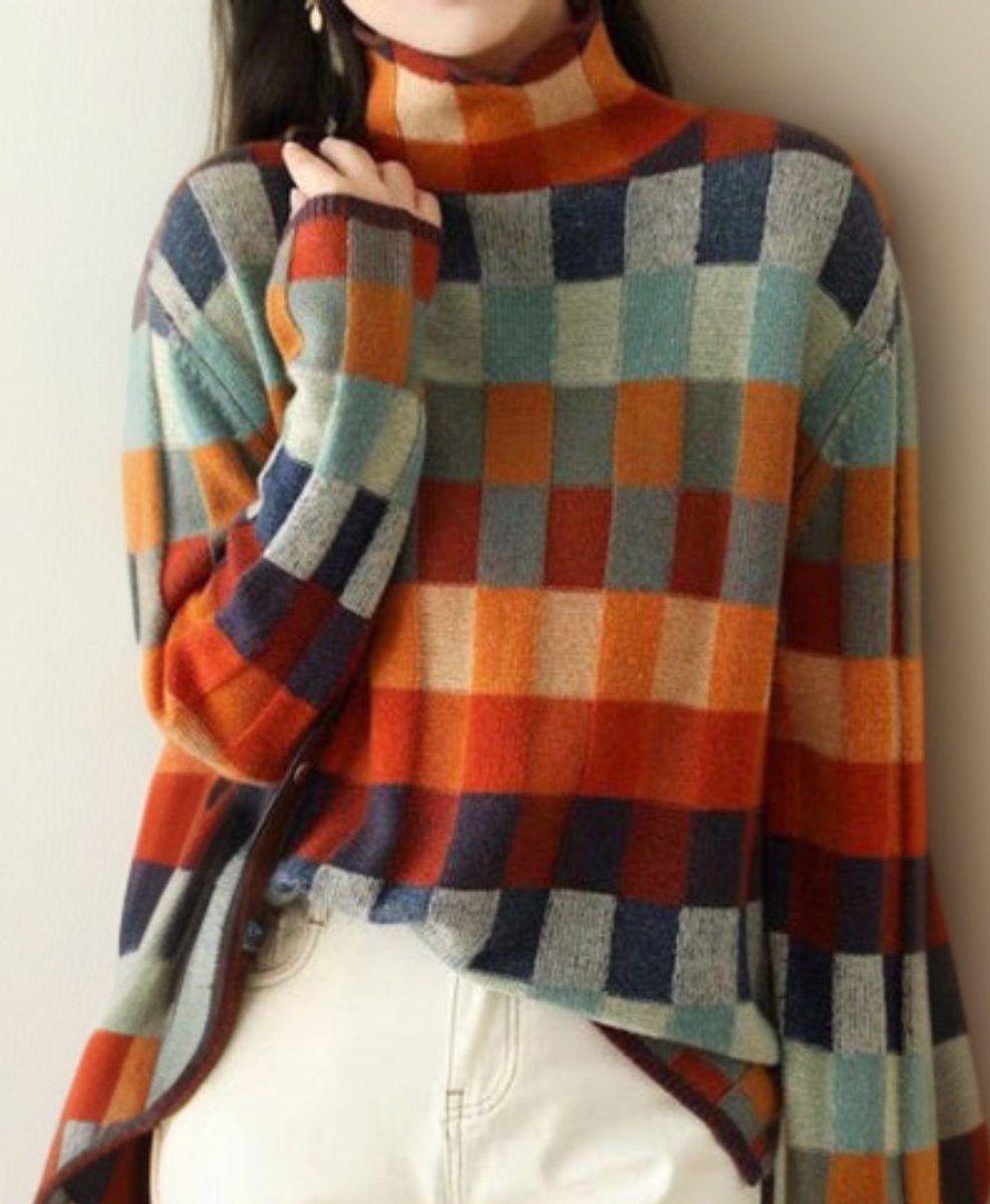 Women's Multicolor Plaid Turtleneck Knit Sweater