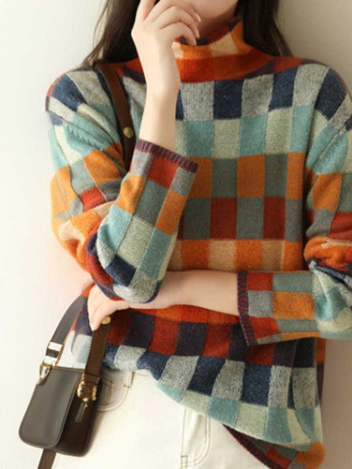Women's Multicolor Plaid Turtleneck Knit Sweater