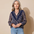 Women's Navy Paisley Ruffle Zip-Front Long Sleeve Blouse - Navy