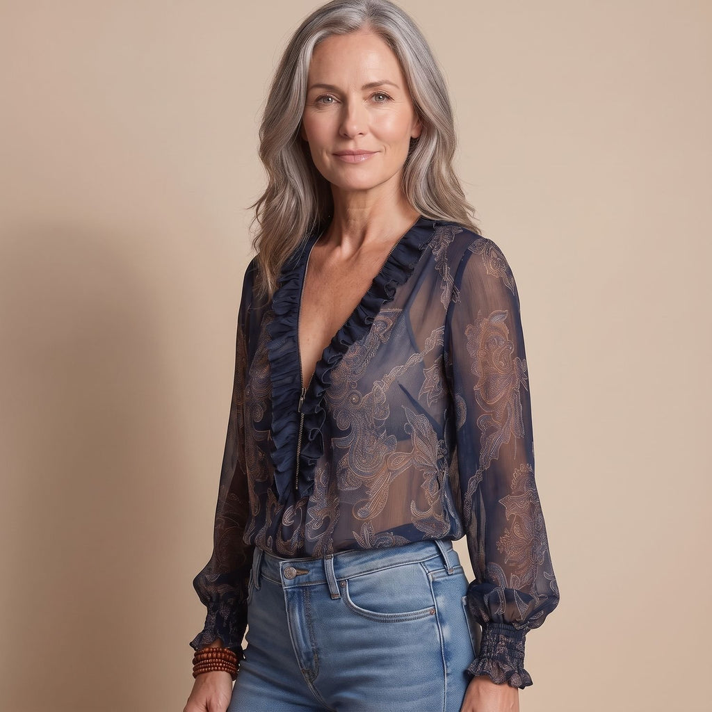 Women's Navy Paisley Ruffle Zip-Front Long Sleeve Blouse