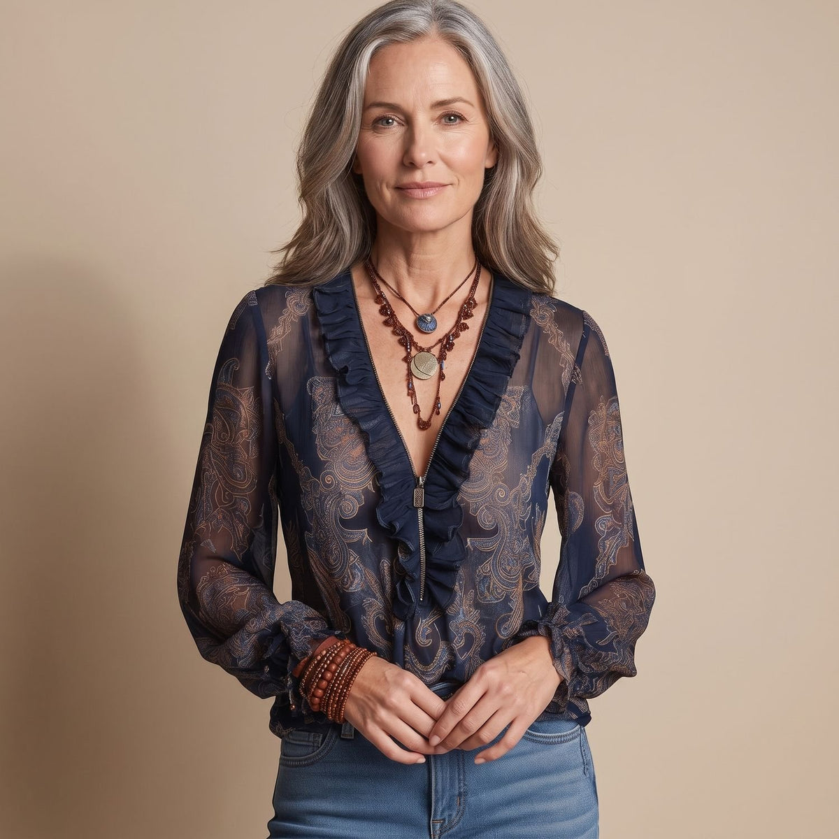 Women's Navy Paisley Ruffle Zip-Front Long Sleeve Blouse
