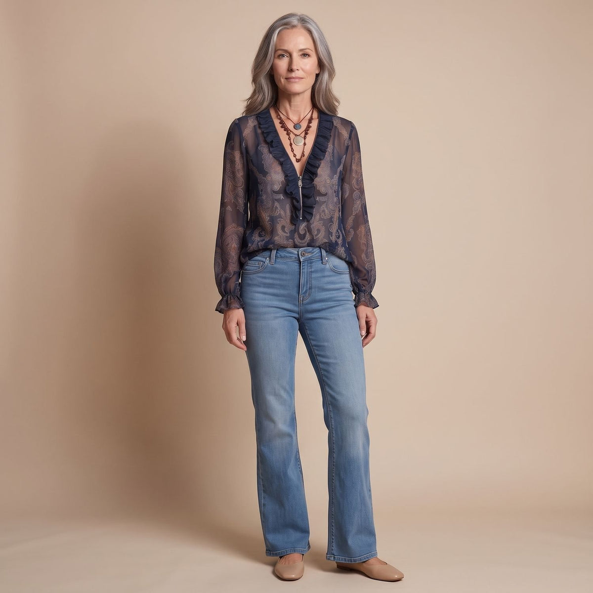 Women's Navy Paisley Ruffle Zip-Front Long Sleeve Blouse