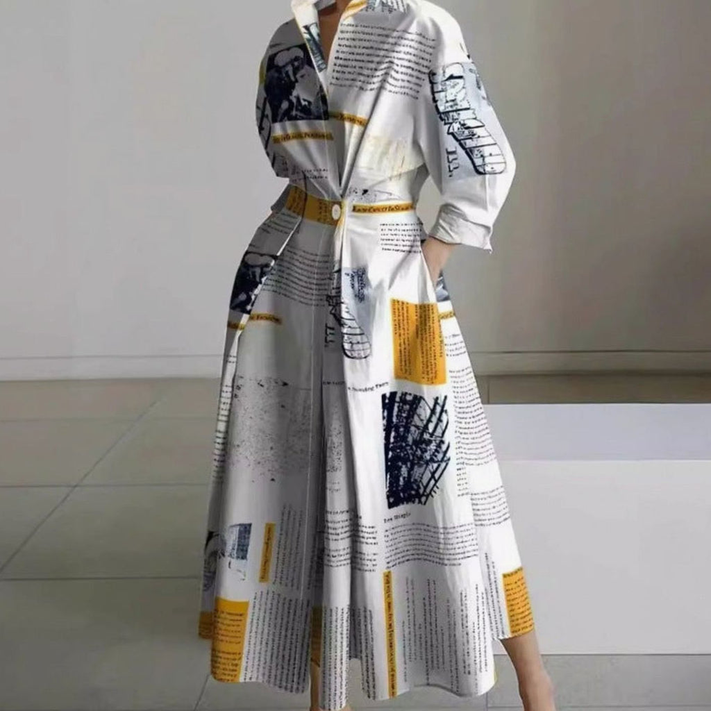 Women's Newspaper Print Collared Maxi Shirt Dress