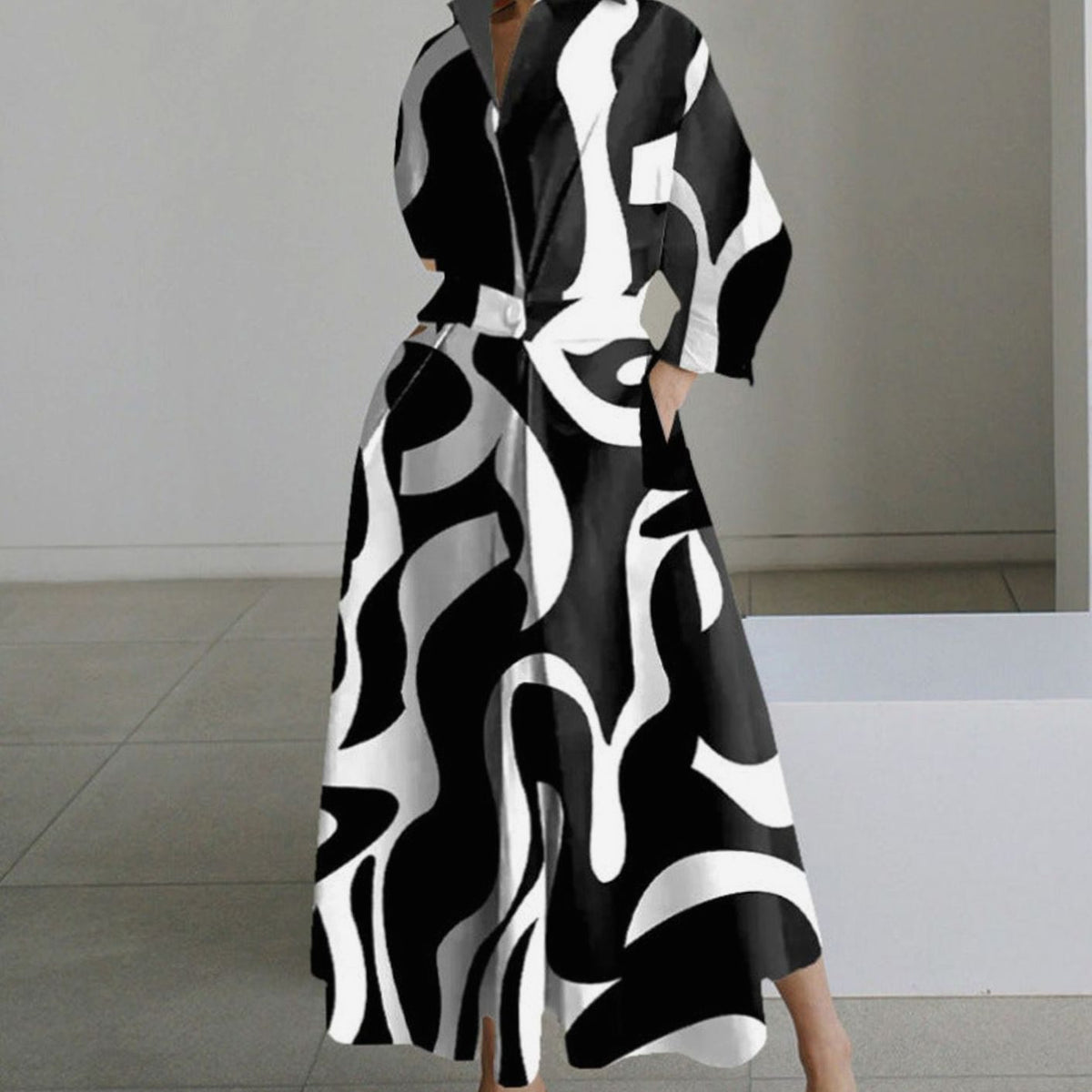 Women's Newspaper Print Collared Maxi Shirt Dress - Black Stripe