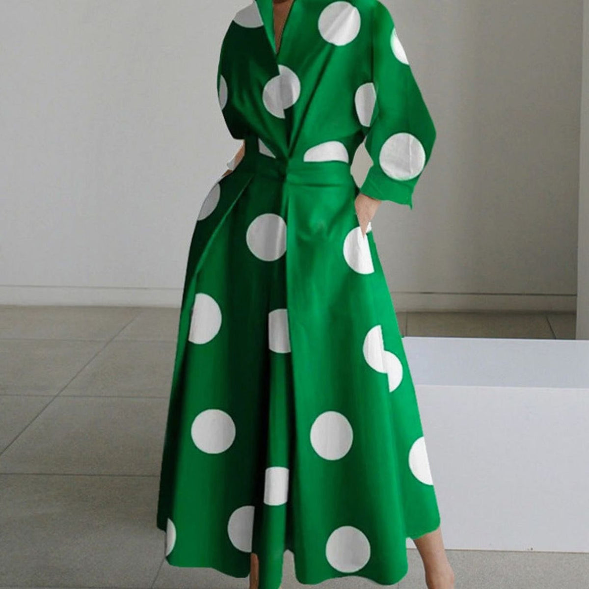 Women's Newspaper Print Collared Maxi Shirt Dress - Green Polka Dot