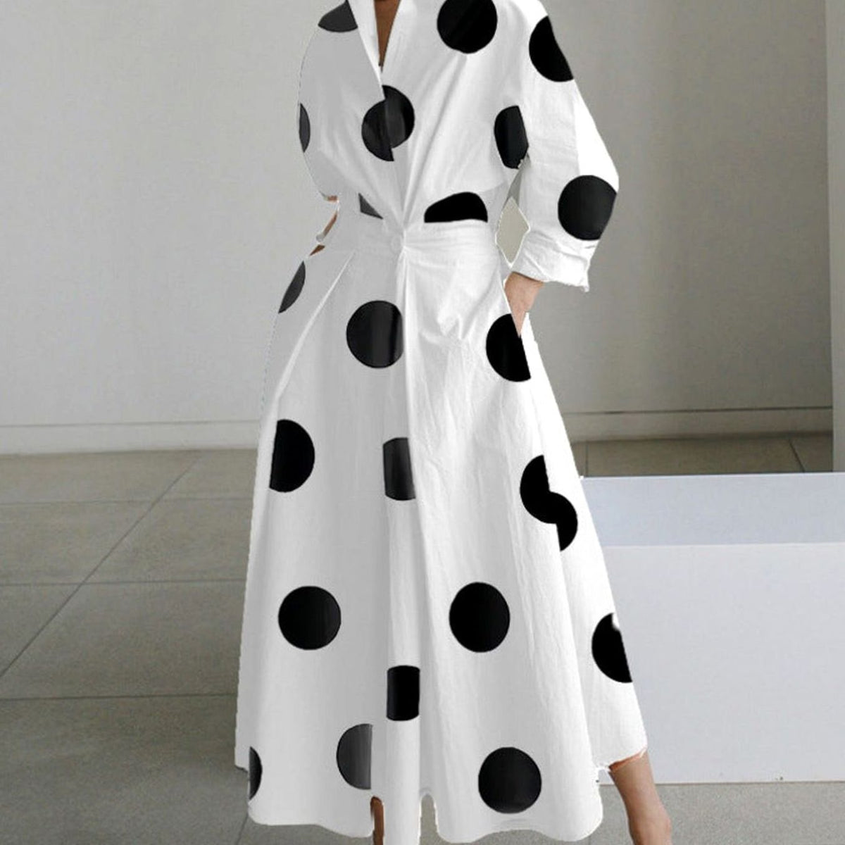 Women's Newspaper Print Collared Maxi Shirt Dress - White Polka Dot