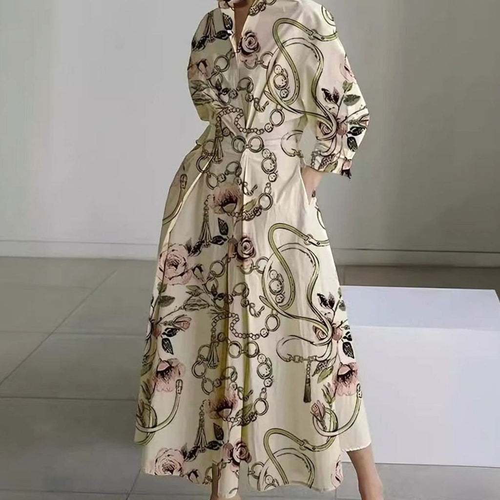 Women's Newspaper Print Collared Maxi Shirt Dress - Gold Chain Print