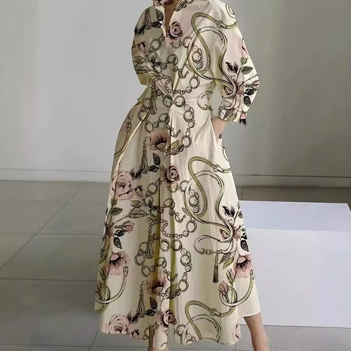 Women's Newspaper Print Collared Maxi Shirt Dress - Gold Chain Print