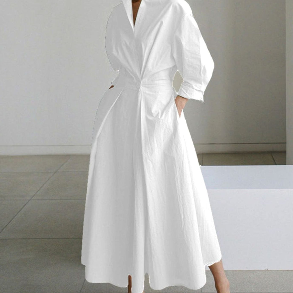 Women's Newspaper Print Collared Maxi Shirt Dress - White