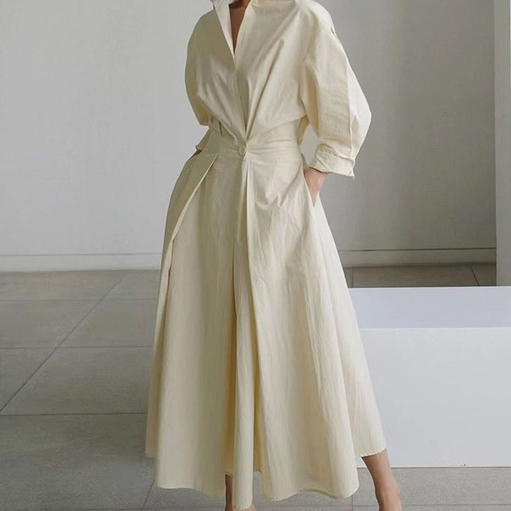 Women's Newspaper Print Collared Maxi Shirt Dress - Apricot
