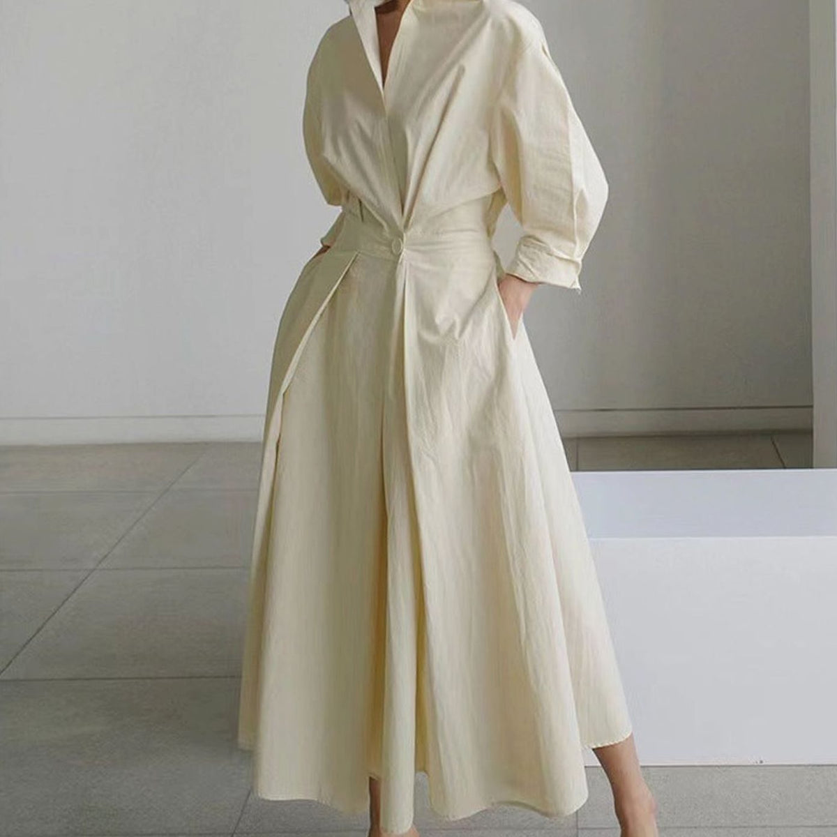 Women's Newspaper Print Collared Maxi Shirt Dress - Apricot