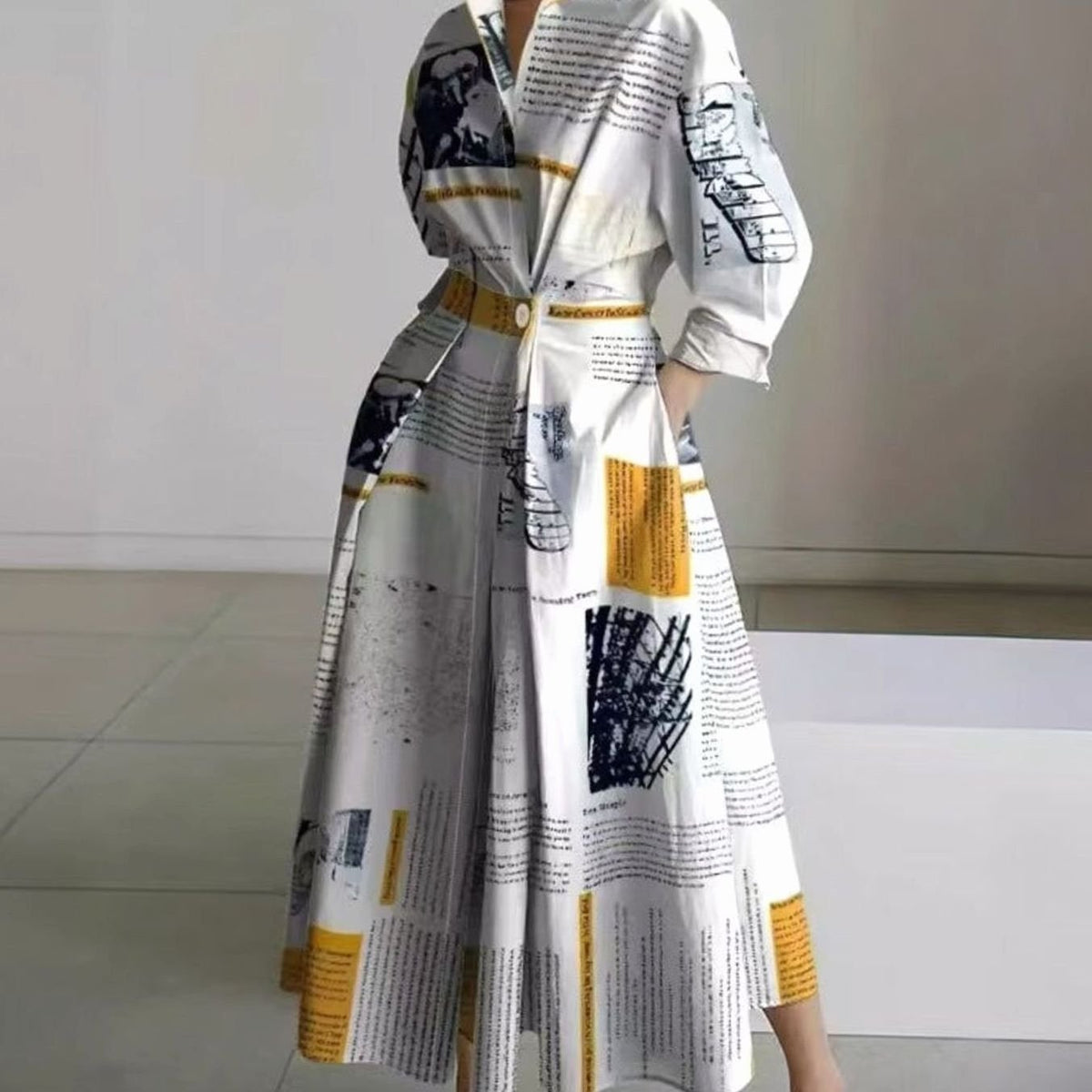 Women's Newspaper Print Collared Maxi Shirt Dress - Yellow Newspaper Print