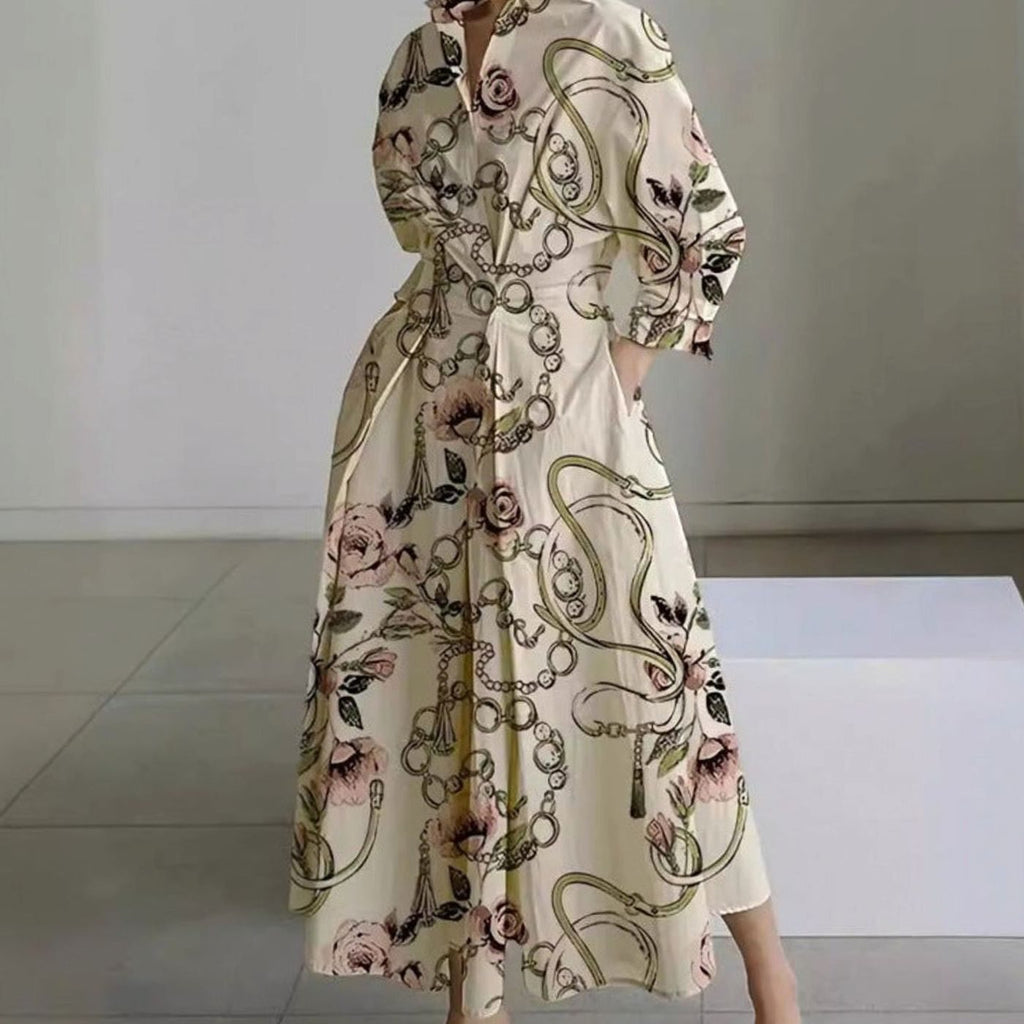 Women's Newspaper Print Collared Maxi Shirt Dress