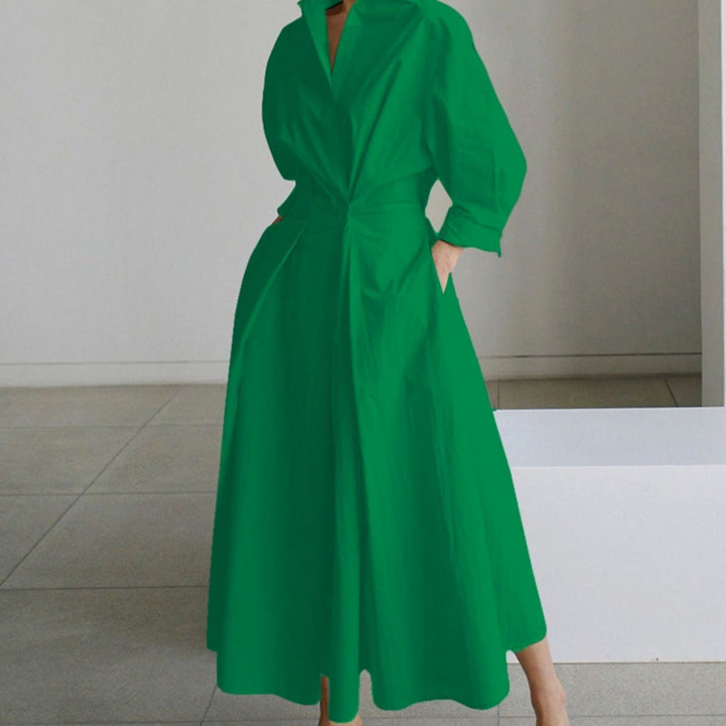 Women's Newspaper Print Collared Maxi Shirt Dress - Green