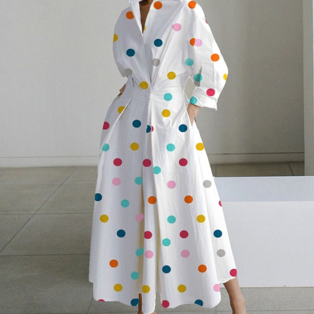 Women's Newspaper Print Collared Maxi Shirt Dress - Rainbow Polka Dot