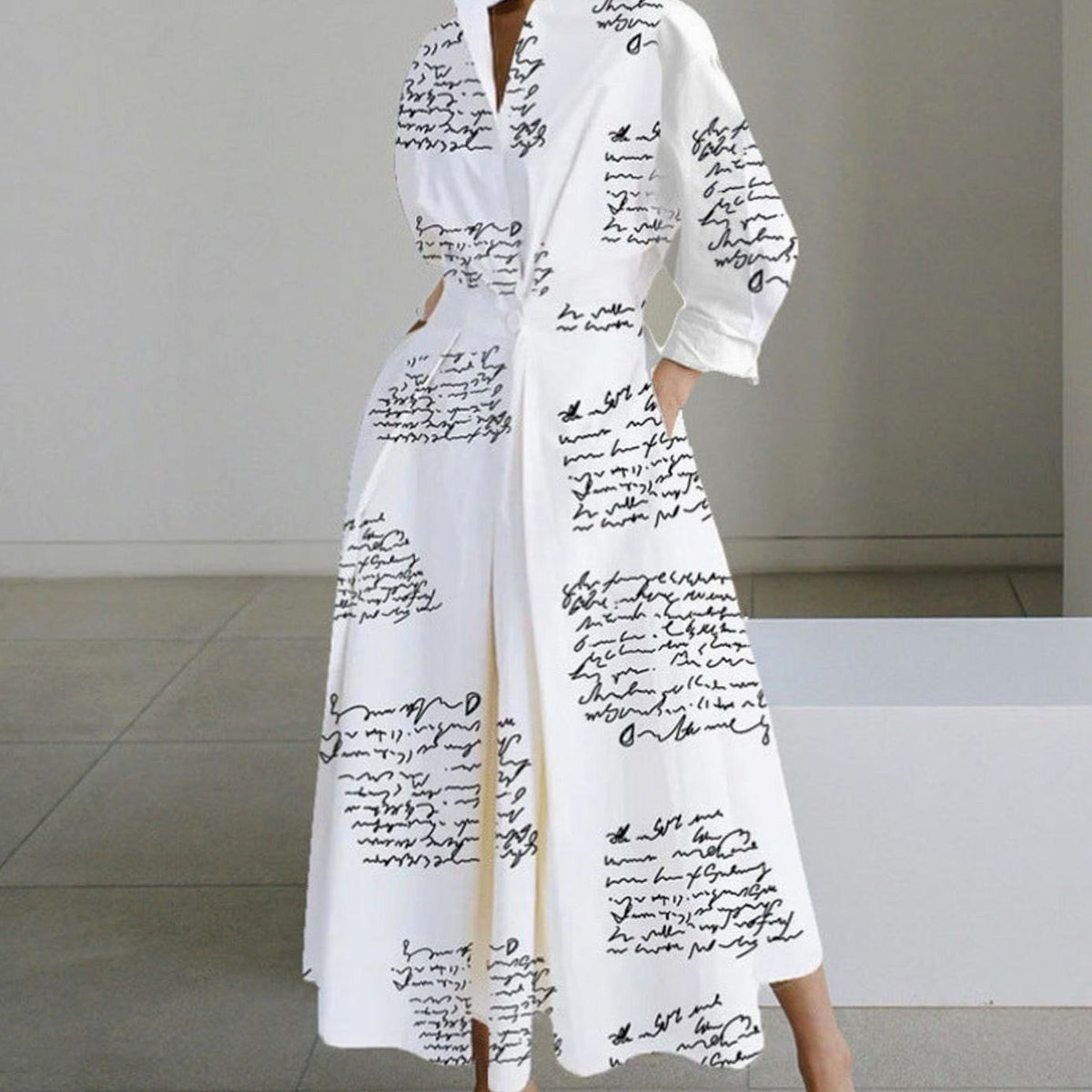 Women's Newspaper Print Collared Maxi Shirt Dress - White Letter Print