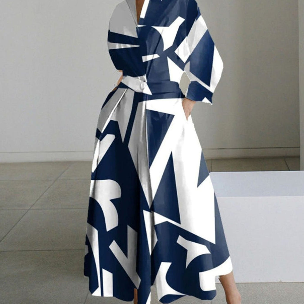 Women's Newspaper Print Collared Maxi Shirt Dress - Blue Stripe