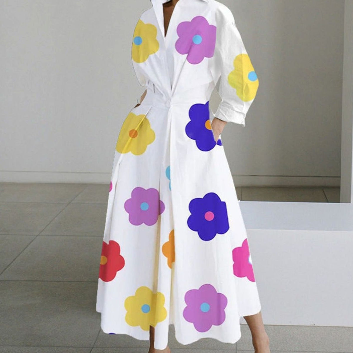 Women's Newspaper Print Collared Maxi Shirt Dress - White Floral