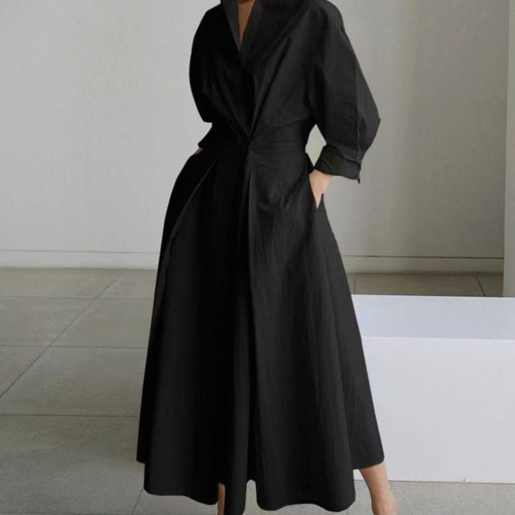 Women's Newspaper Print Collared Maxi Shirt Dress - Black