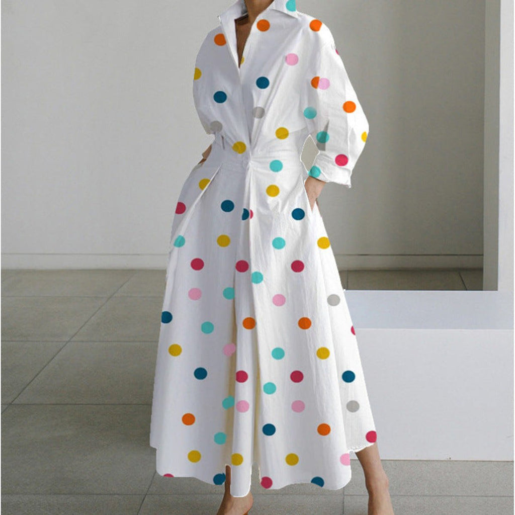 Women's Newspaper Print Collared Wrap Maxi Dress - Rainbow Polka Dot