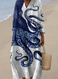 Women's Octopus Print V-Neck Long Sleeve Casual Fall Dress - Multicolor