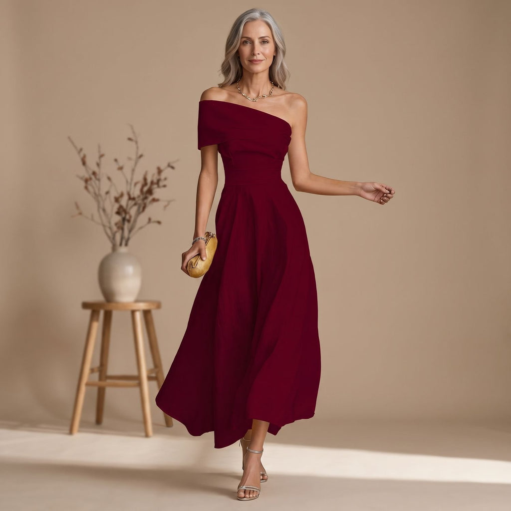 Women's Off-Shoulder Flowy Formal Midi A-Line Christmas Party Dress - Red