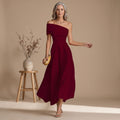 Women's Off-Shoulder Flowy Formal Midi A-Line Christmas Party Dress - Red