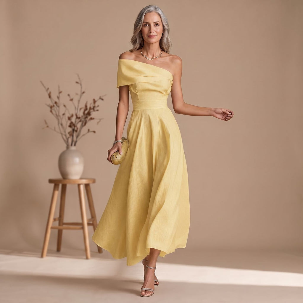 Women's Off-Shoulder Flowy Formal Midi A-Line Christmas Party Dress - Yellow