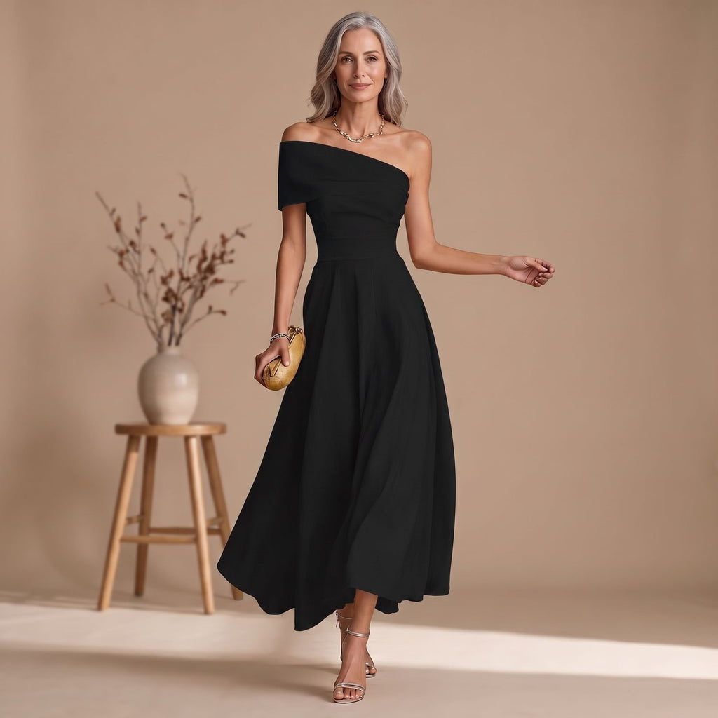 Women's Off-Shoulder Flowy Formal Midi A-Line Christmas Party Dress - Black