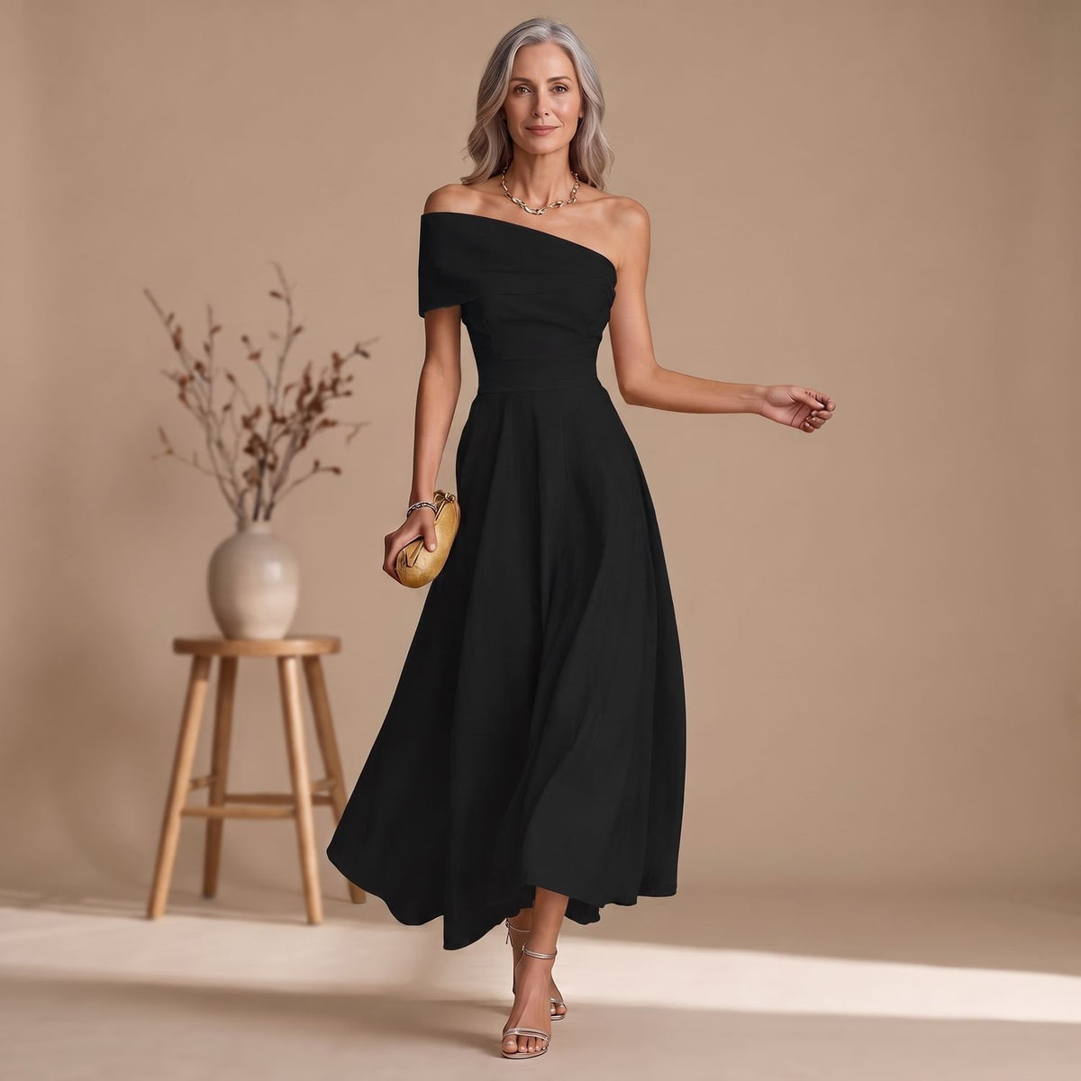 Women's Off-Shoulder Flowy Formal Midi A-Line Christmas Party Dress - Black