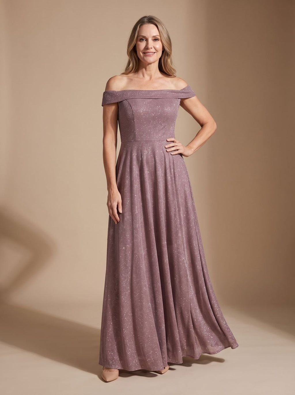 Women's Off-Shoulder Glitter A-Line Formal Wedding Guest Gown - Light Pink