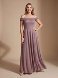 Women's Off-Shoulder Glitter A-Line Formal Wedding Guest Gown - Light Pink