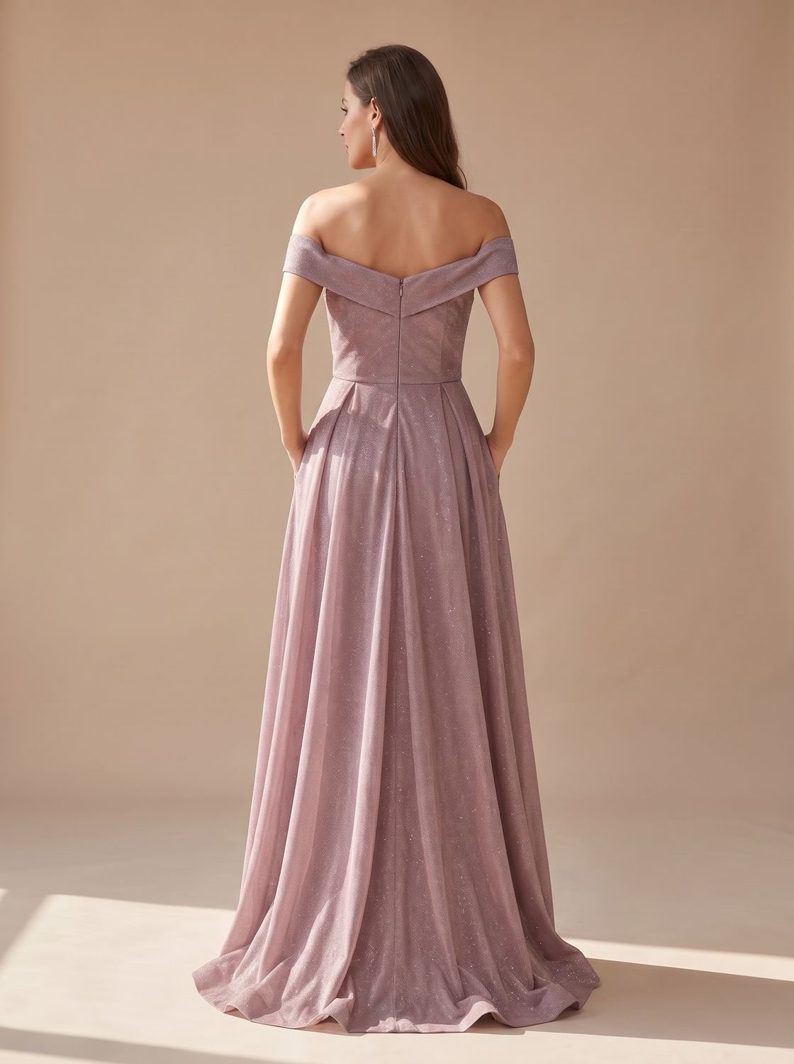 Women's Off-Shoulder Glitter A-Line Formal Wedding Guest Gown