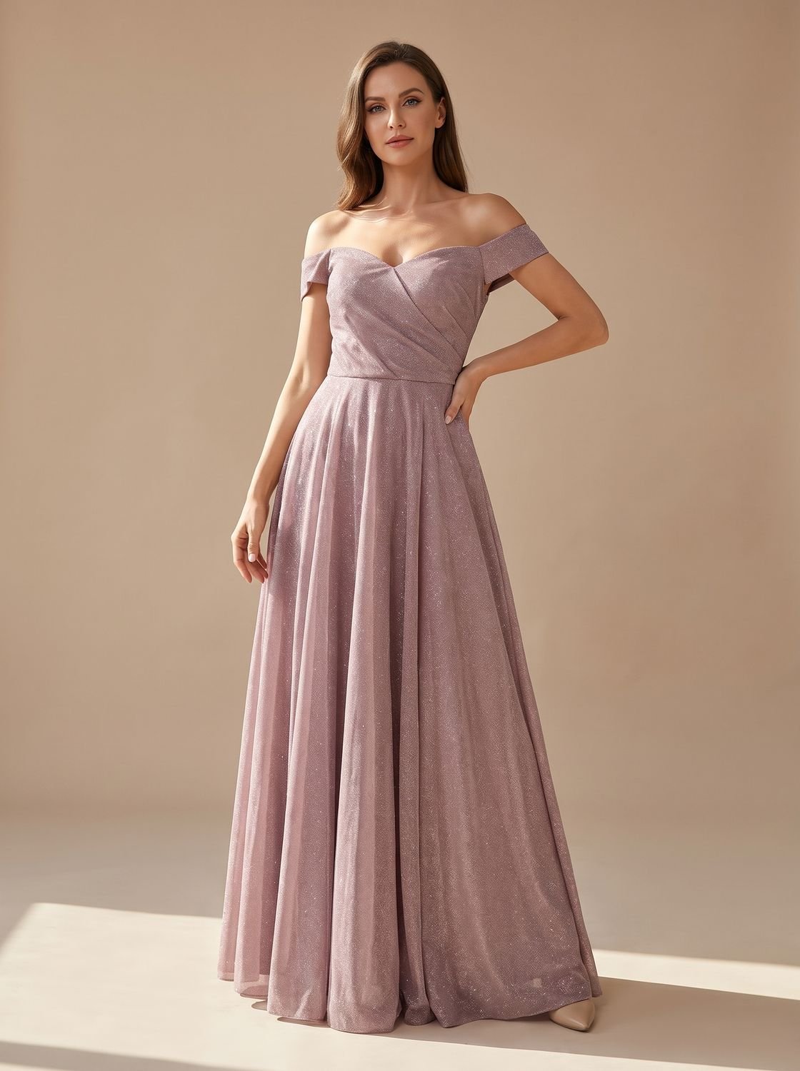 Women's Off-Shoulder Glitter A-Line Formal Wedding Guest Gown