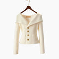 Women's Off-Shoulder Ribbed Button-Up Cardigan Sweater, White - White
