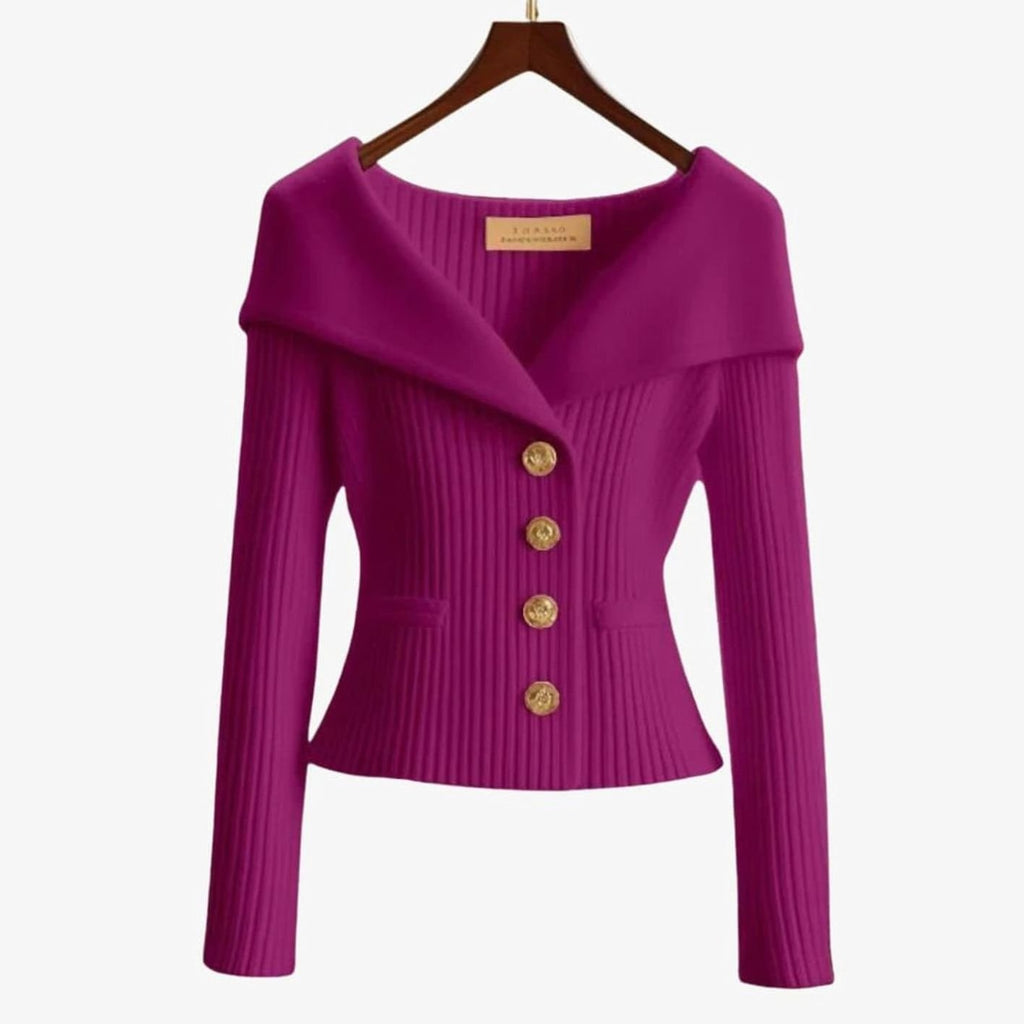 Women's Off-Shoulder Ribbed Button-Up Cardigan Sweater, White - Violet