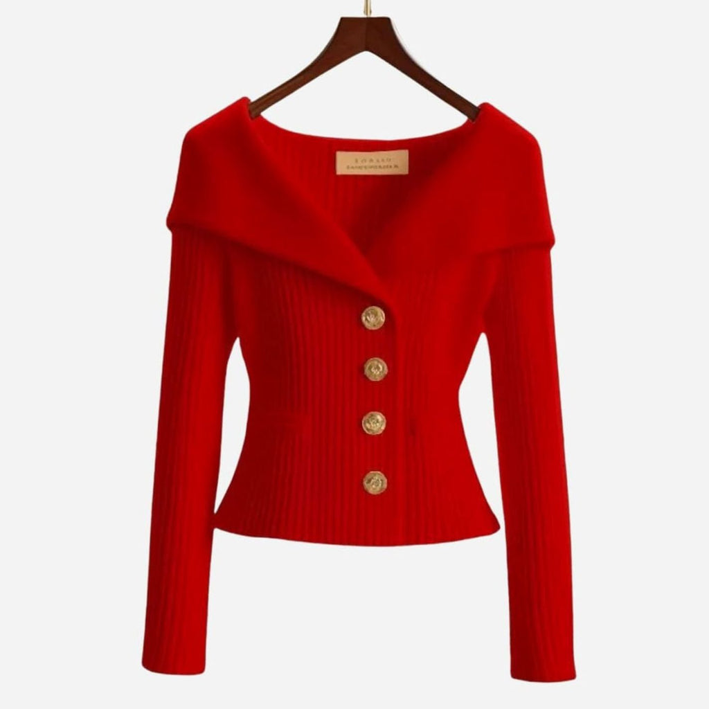 Women's Off-Shoulder Ribbed Button-Up Cardigan Sweater, White - Red