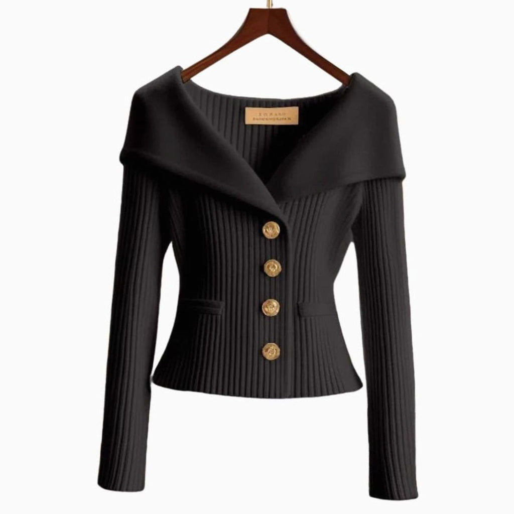 Women's Off-Shoulder Ribbed Button-Up Cardigan Sweater, White - Black