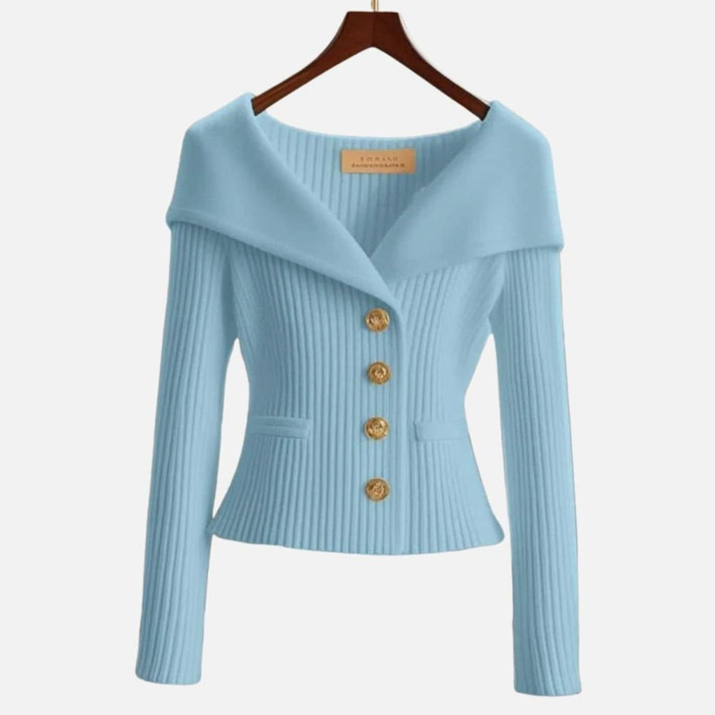 Women's Off-Shoulder Ribbed Button-Up Cardigan Sweater, White - Light Blue